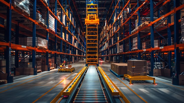 Automated warehouse interior with high-bay racking and a conveyor line